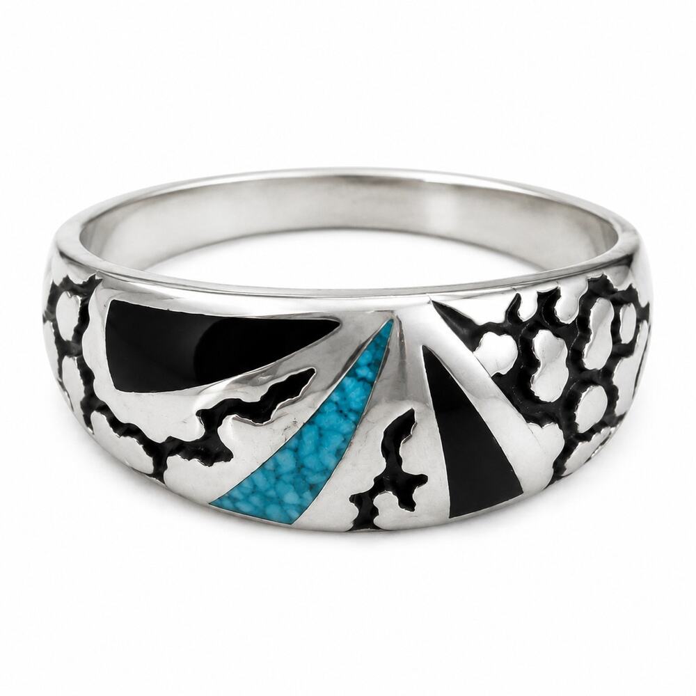 Vtg COP Silver Tone Inlay Ring Faux Turquoise Black Onyx Mens 12.5 Southwestern